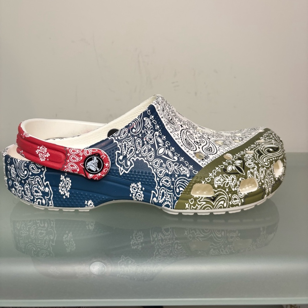 Paisley Patterned Clogs / Crocs Patriotic Red, Blue, Green MENS 8/ WOMENS 10
